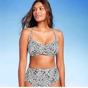 NWT Kona Sol Bikini Leopard Print Twist Top Padded High Waist Bottoms Coverage